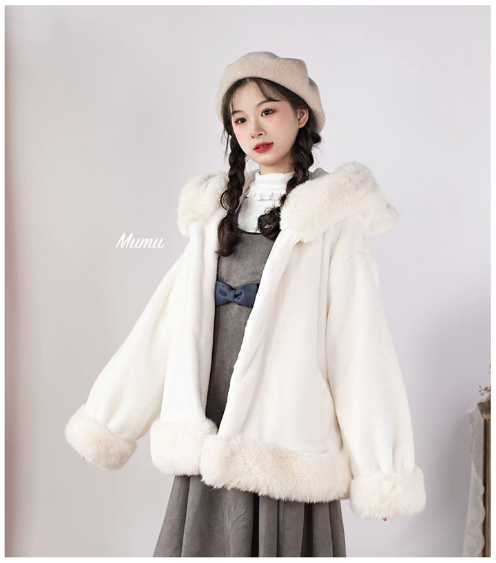 Mumu~Fluffy Winter Lolita Coat Cat Embroidery Hooded Coat   