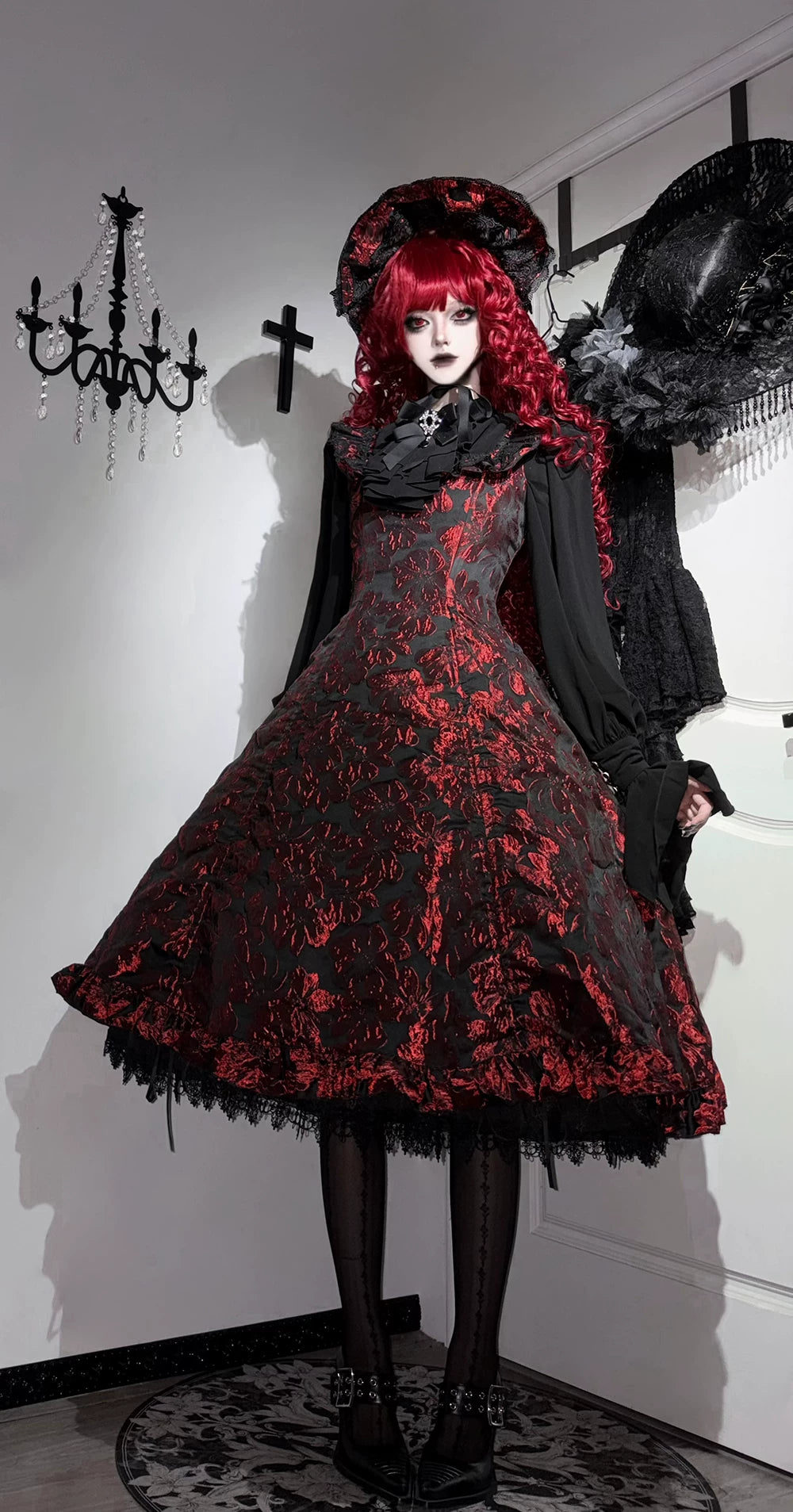 Midnight Lily - Gothic Lolita Lily Jacquard JSK Dress, Drawstring Lift-up Hem 45765:861830