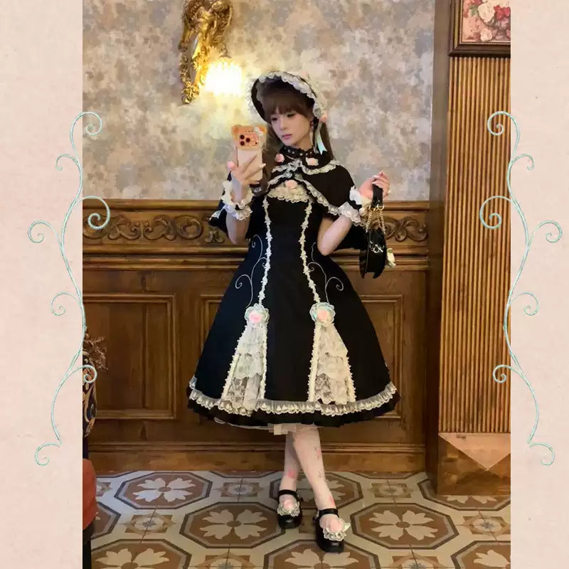 Cream Rose Garden - Cotton Old School Lolita OP Dress Set, Rose Vine Embroidery 46052:873807