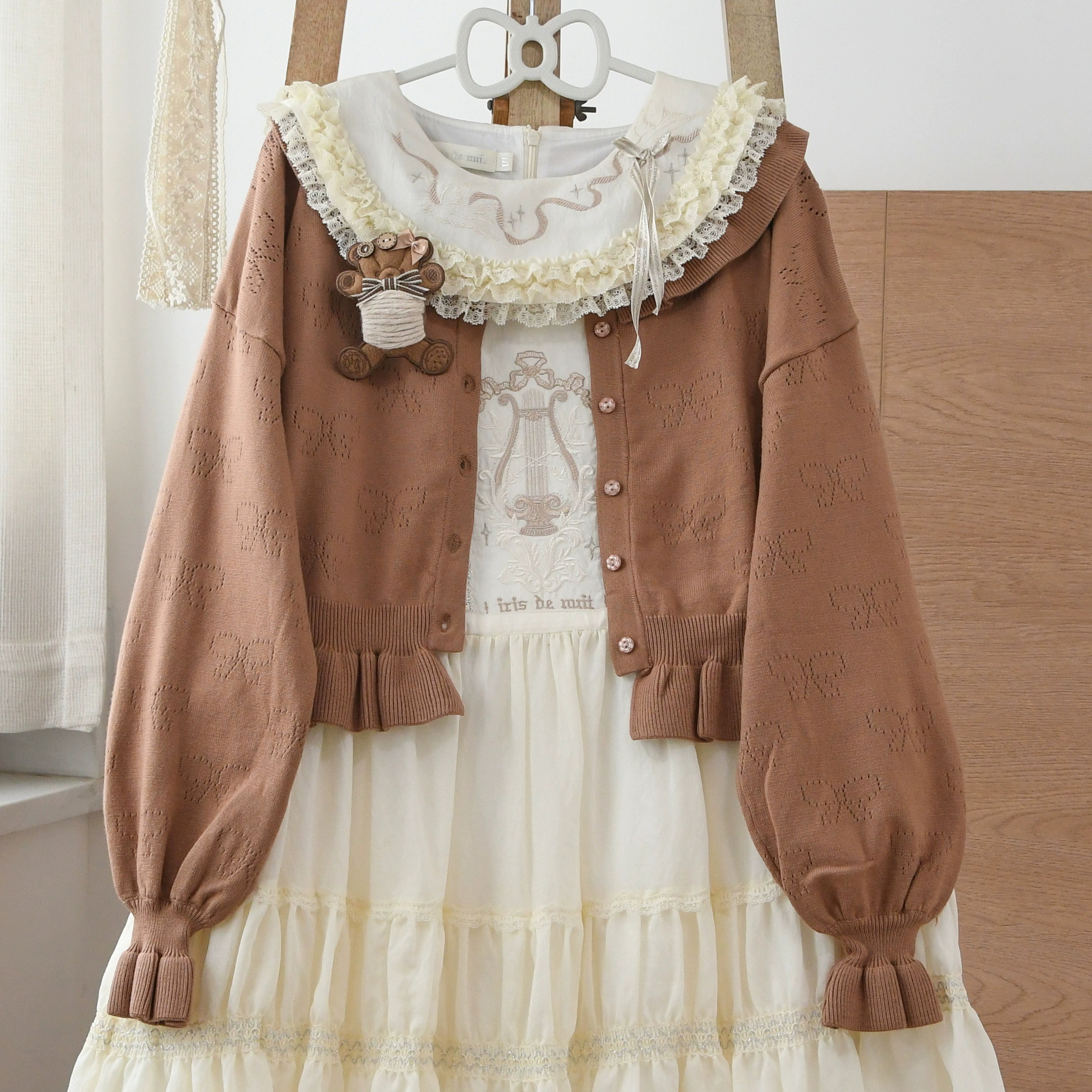 MIST - Vintage Lolita Bow Hollowed-out Sweater Ruffled Cardigan 9910:789445