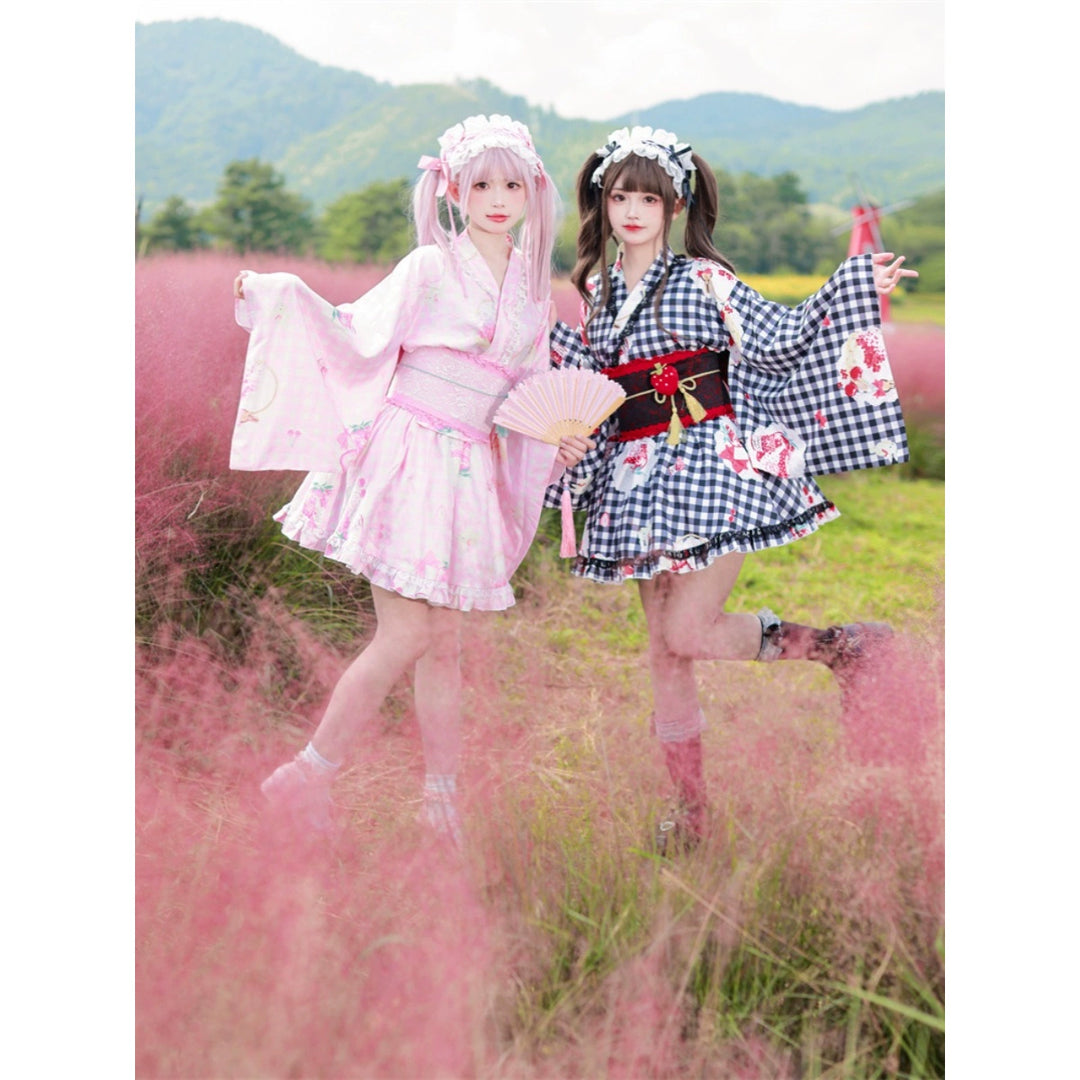 To Alice~Cute Wa Lolita Skirt Suit Strawberry Print Kawaii Kimono Top   