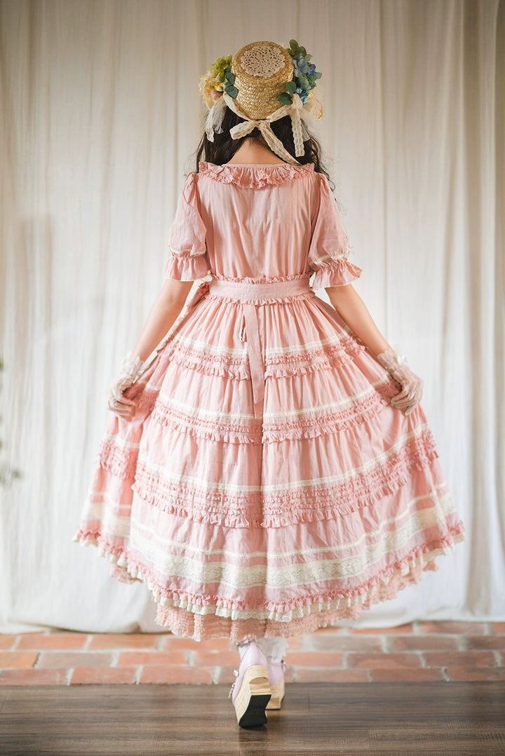 Miss Point~Cat Rose Tea~Elegant Lolita OP Open-front Short Sleeve Tiered Dress