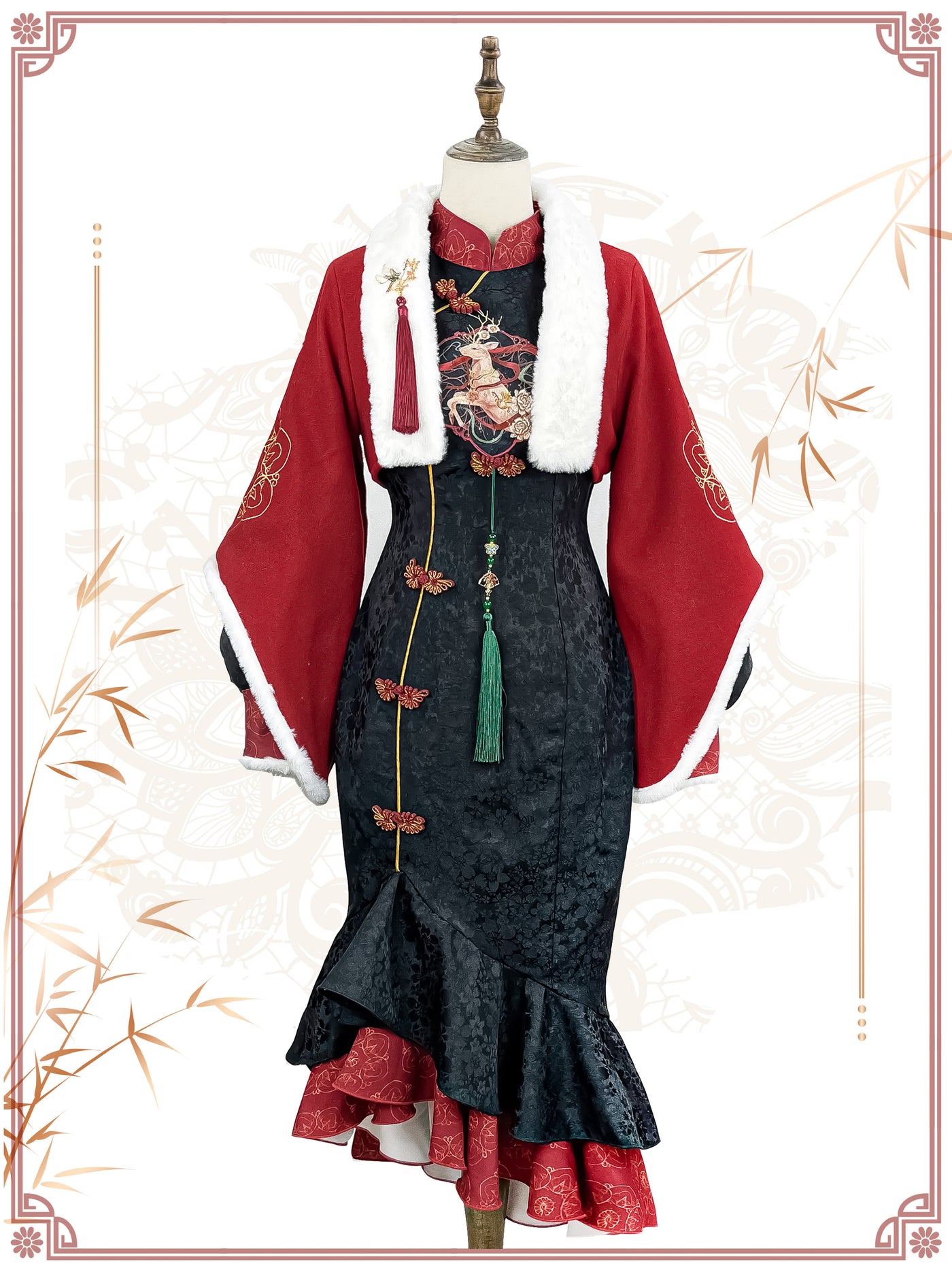 KIYANA~The Joy of Deer Singing~Winter Lolita Cheongsam Fishtail New Year S Full set of black fishtail dress 