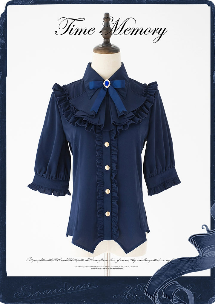 Time Memory~Earl Girl~Chiffon Classic Lolita Shirt with Mid-Length Mutton Sleeves Navy Blue S