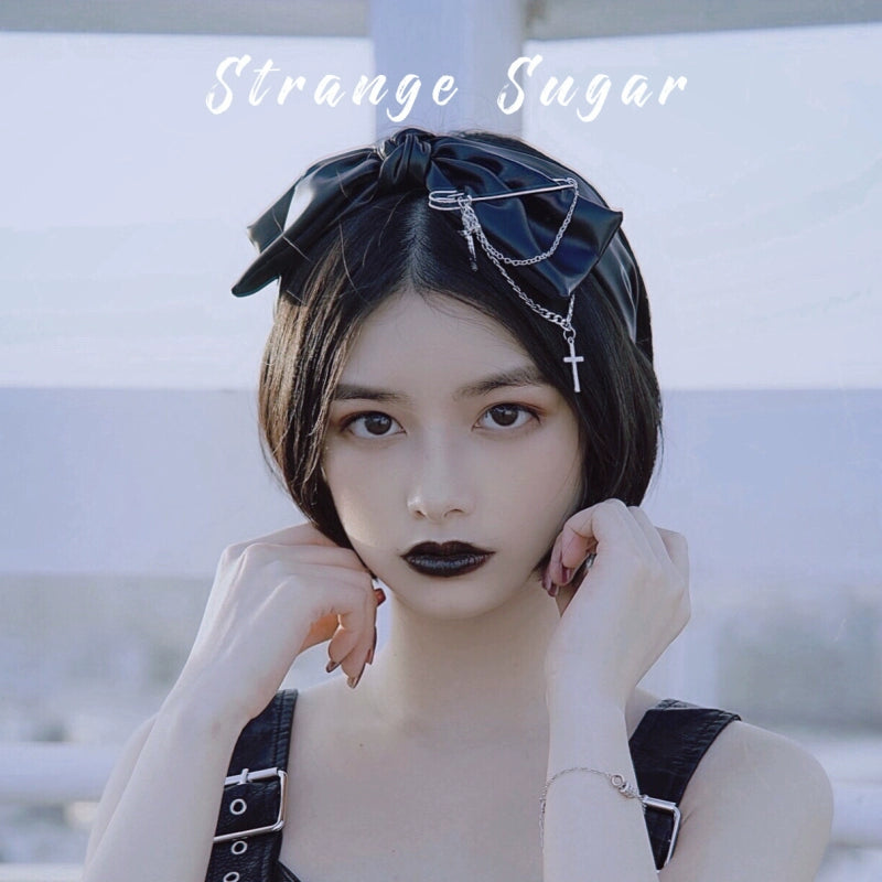Strange Sugar~Gothic Lolita KC Faux Leather Cross Hardware Accessory Butterfly Bow Cross Headband  