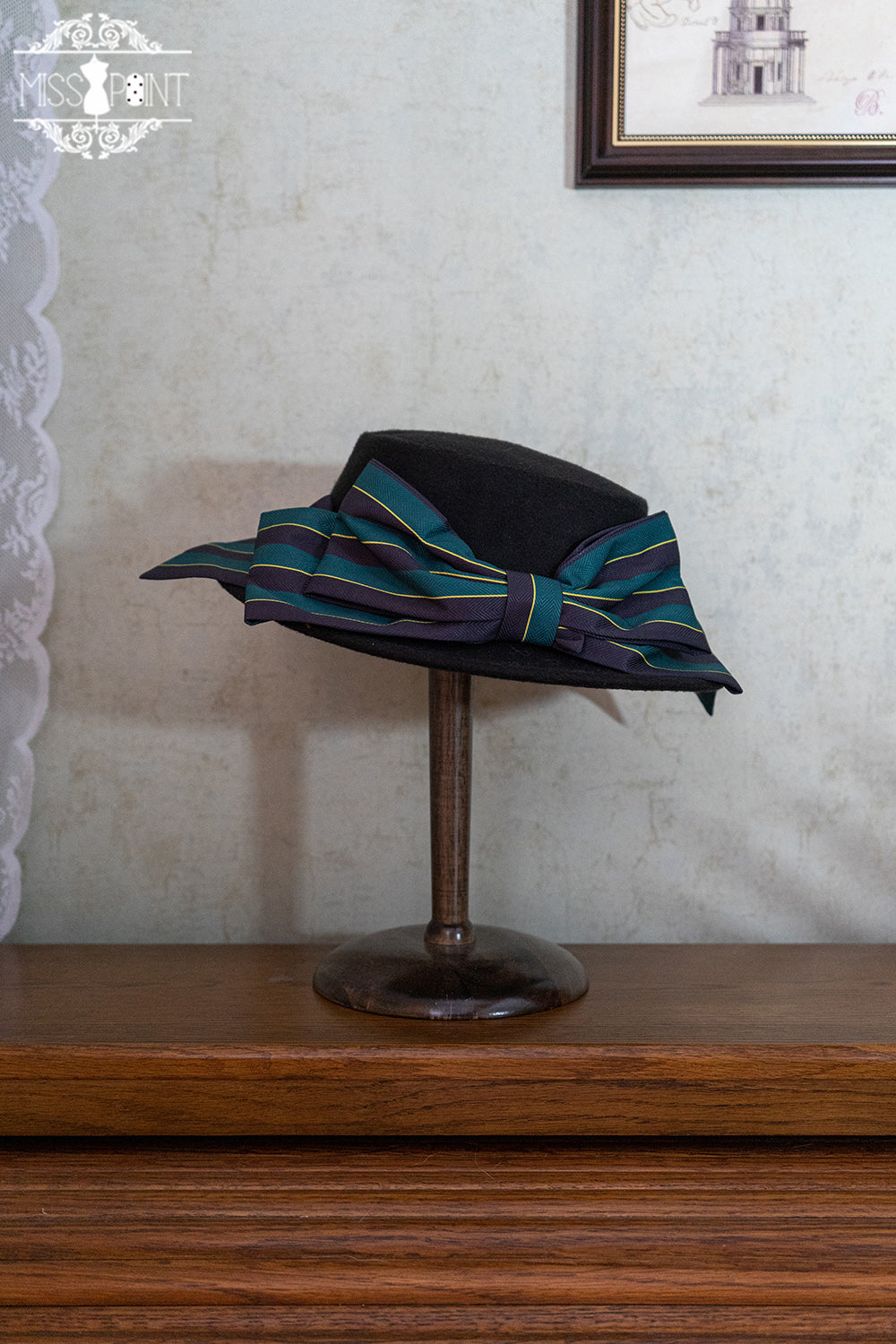 Miss Point - Stripped Lolita Headband Veil Hat Clip Necklace green stripped top hat