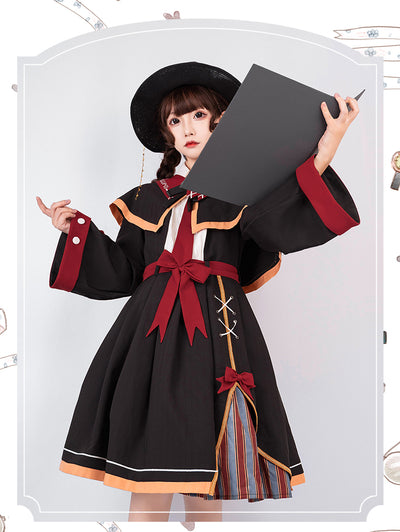 YingLuoFu~Magic Notice~Vintage Lolita Cute Black OP Dress Set   