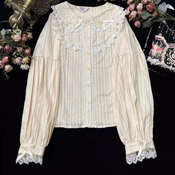 (BuyformeDMFS Lolita ~Summer Short Sleeve Cotton Lolita Blouse S apricot - white lace - long sleeve 