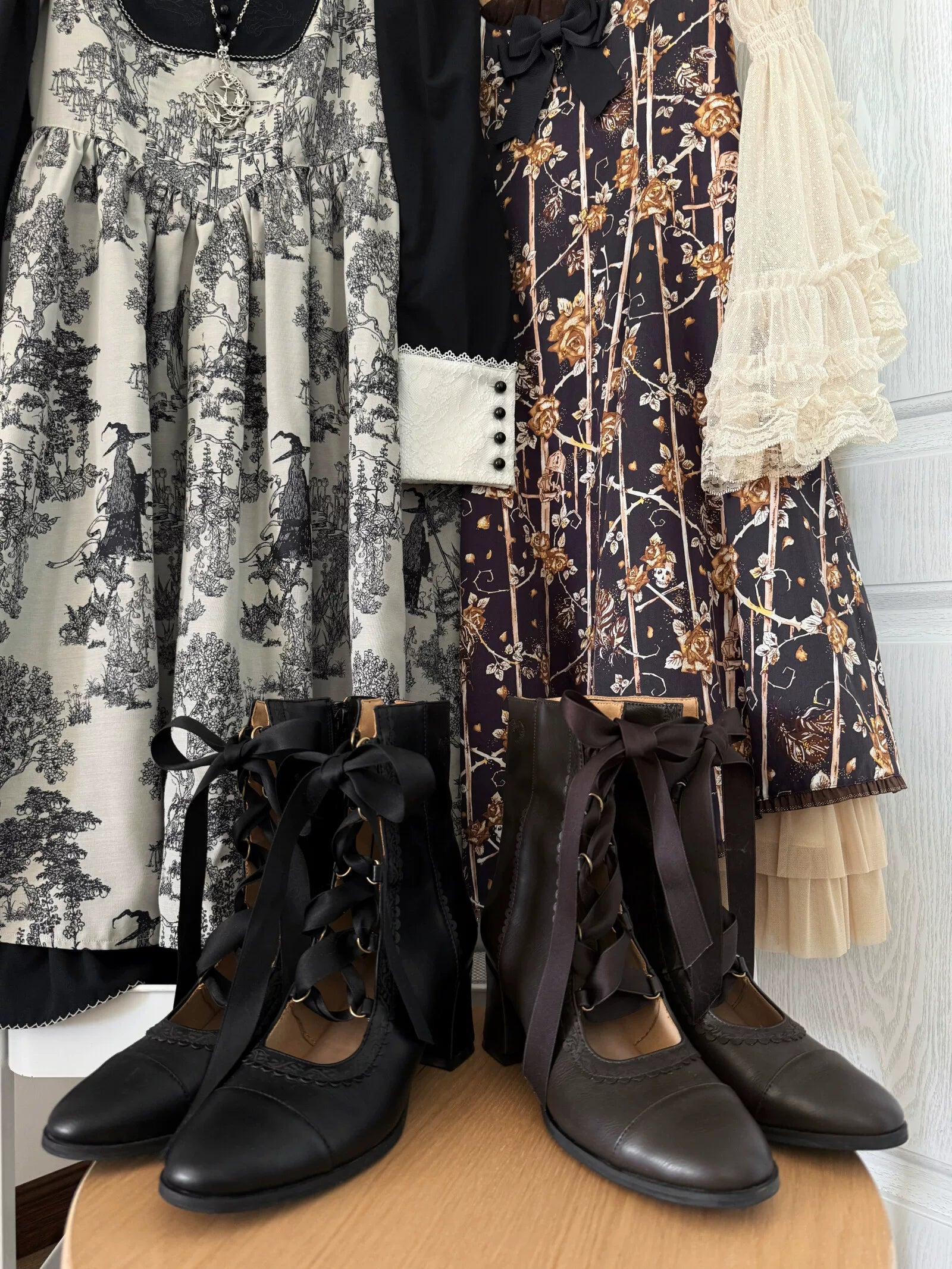 Angel Floral Wall - Classic Lolita Straps Ankle Boots, Side Zipper 45766:861589