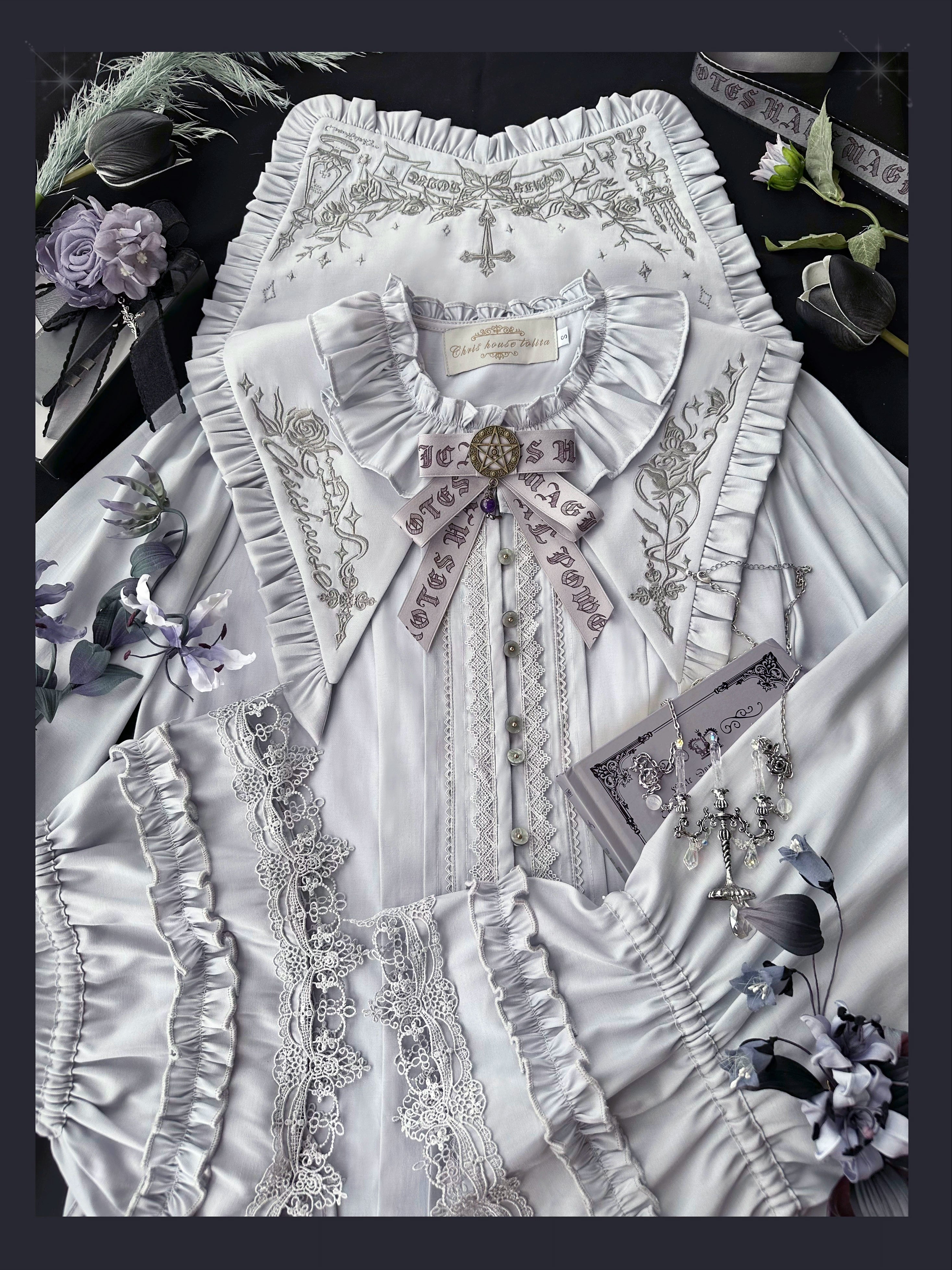 Chris House Lolita - Witch Notes - Gothic Loliat Embroidered Dress Suit, Cross and Rose Print 44096:795020