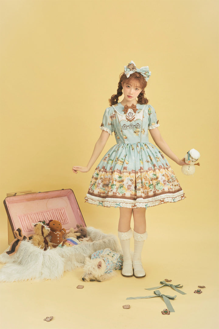 Babyblue~Little Bear Honey Jar~Kawaii Lolita Short Sleeve OP Gingerbread Man Embroidered Dress   