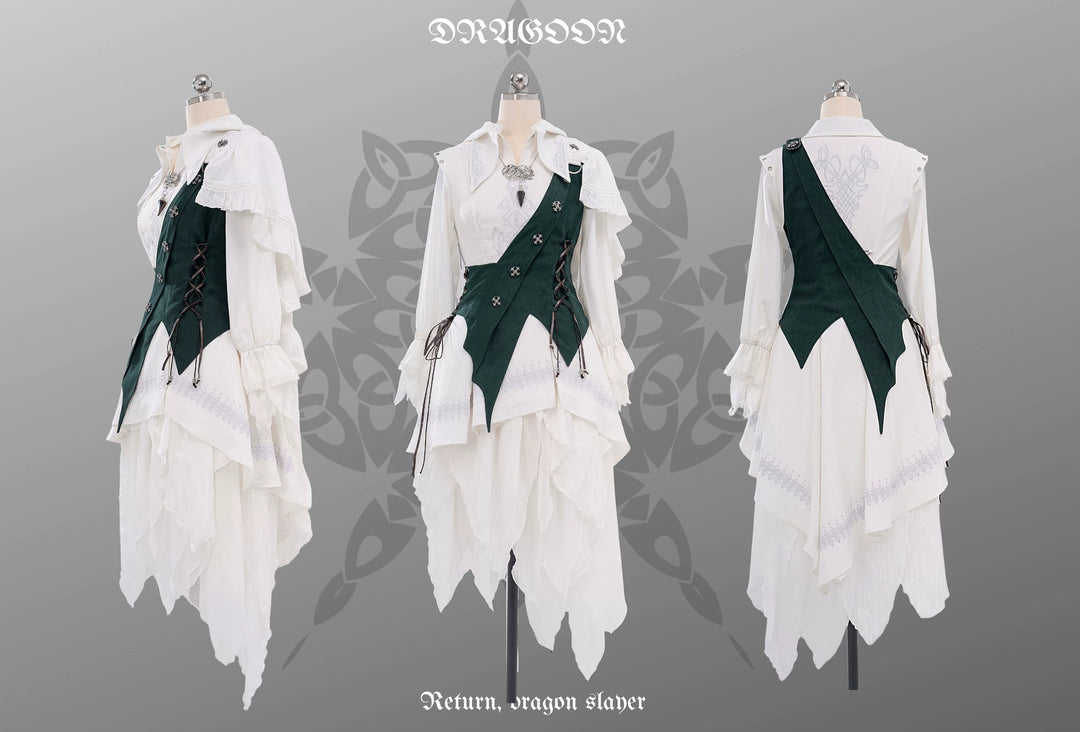 Wuyuzhe~Dragon Knight 2.0 Version~Western Fantasy Style Suit Gothic Shirt Vest Skirt free size white green FS(white shirt+green vest+white skirt+white cape) 