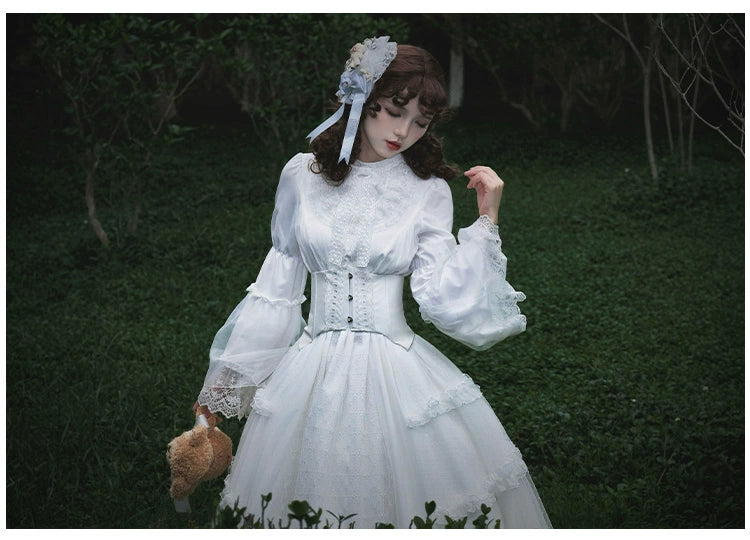 With PUJI~Anhunmeng~Gothic White Lolita OP With Boned Corset Waistband