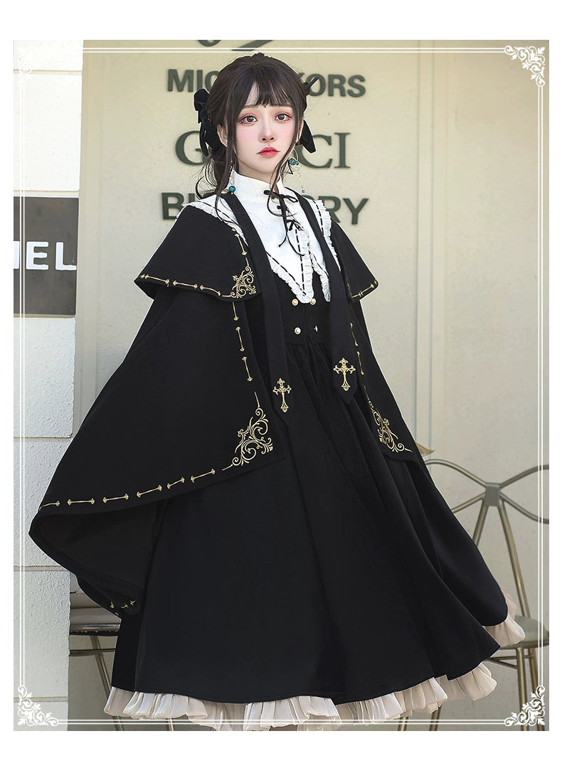 (BFM)YingLuoFu~College Style Lolita Cape Gold Embroidery Cloak Set   