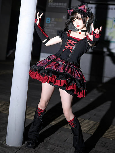 Sakurahime~Punk Lolita Daily Plaid Dress and Accessories   
