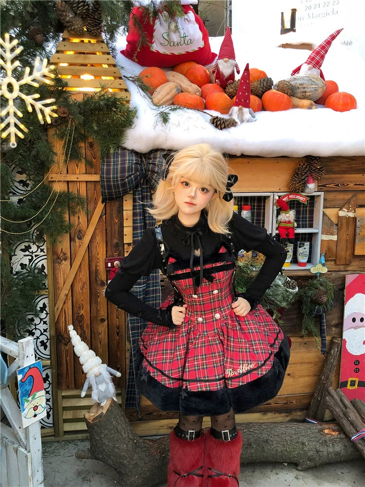 To Alice~Black Cat and Miss~Christmas Sweet Lolita Plaid Dress with Hooded Cape