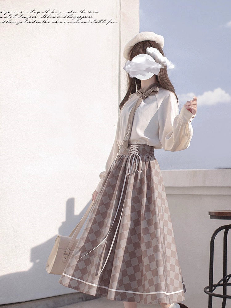 (BFM)HuTaoMuJK~French Vintage Long Skirt Set Elegant Plaind Pattern   
