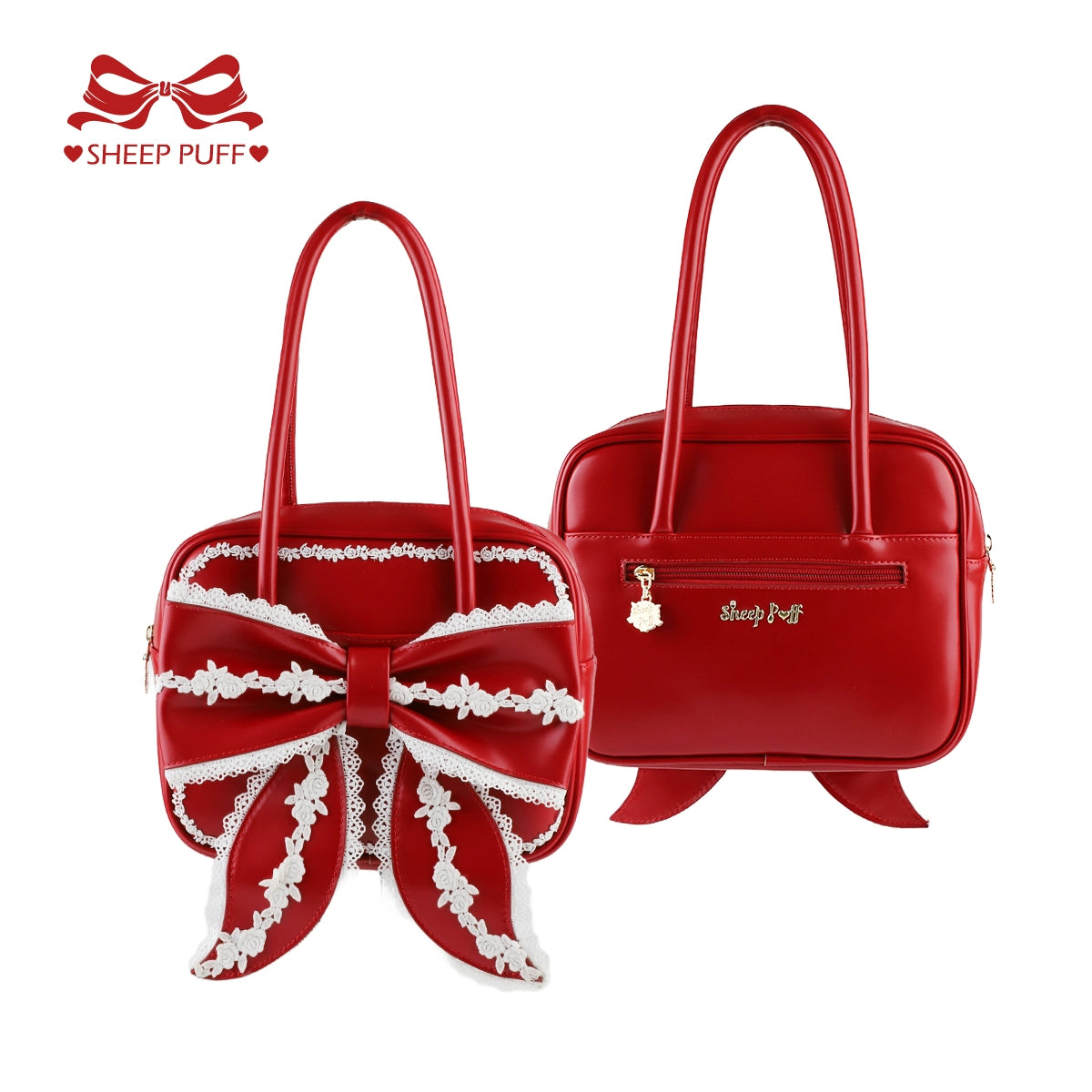 Sheep Puff - Old School Lolita Bag, Ear-Like Bow & Floral Lace (Red) 43634:782074