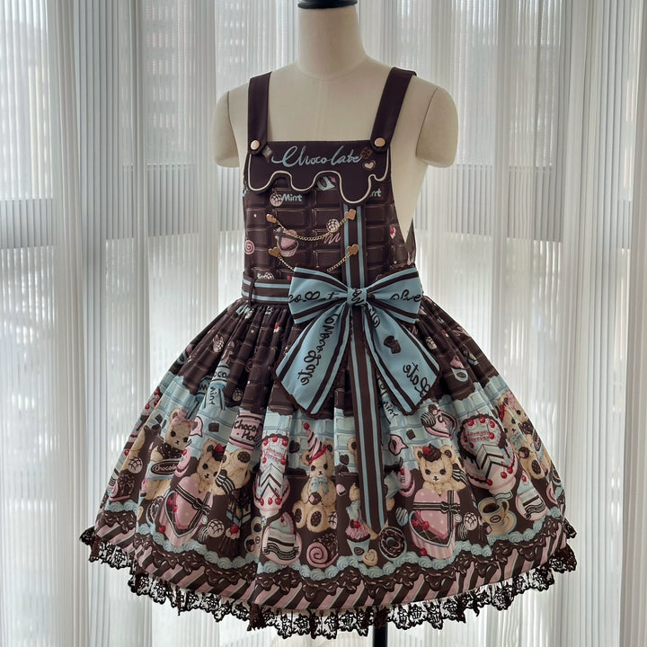 Sweet Dream Sheep~Chocolate Bear~Sweet Lolita Salopette High Waist Dress S Chocolate brown salopette (dress + waist tie) 