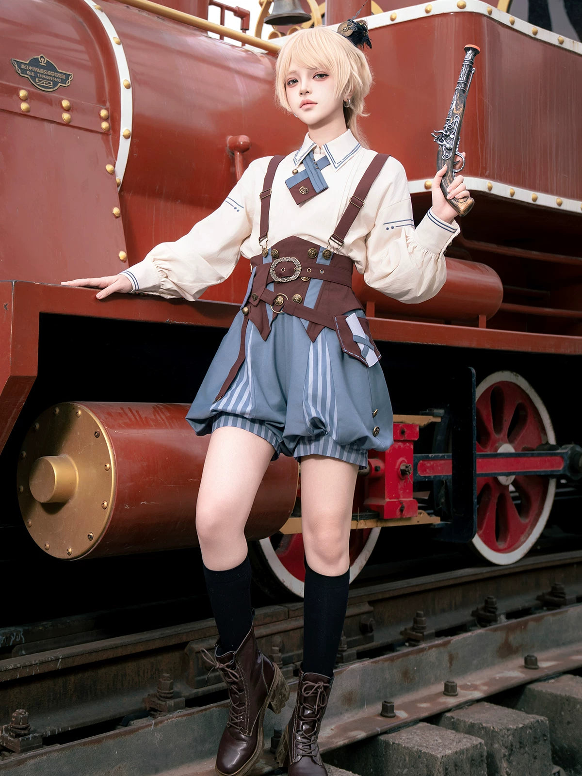 Poem of Wind & Compass - Ouji Lolita Blouse & Faux-Suspender Bloom Shorts Set 45919:868264