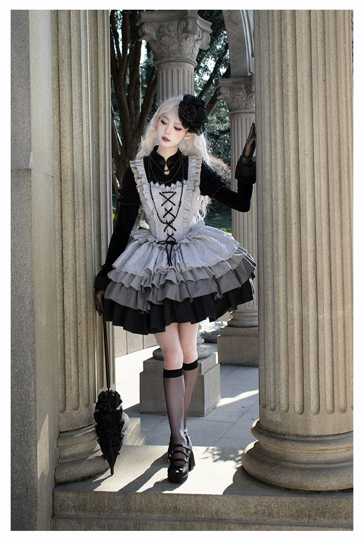 With Puji~Innocent Talk~Halloween Chinese Style Lolita OP Black-silver Gray Dress   