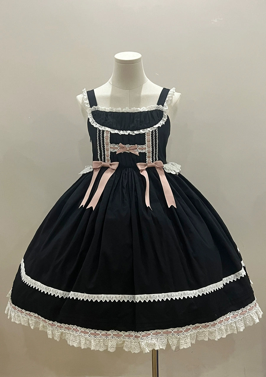 (BFM)Little Bear~Laura's Doll~Vintage Lolita Dress Cotton OP JSK Splicing Sleeves Black and pink JSK S 