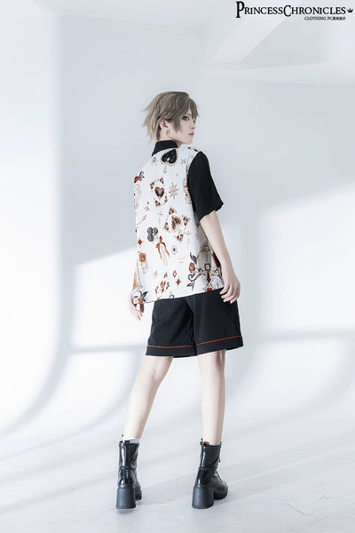 Princess Chronicles~Floral Intoxication~Retro Ouji Lolita Shirt Floral Short Sleeve Shirt and Embroidered Black Shorts   
