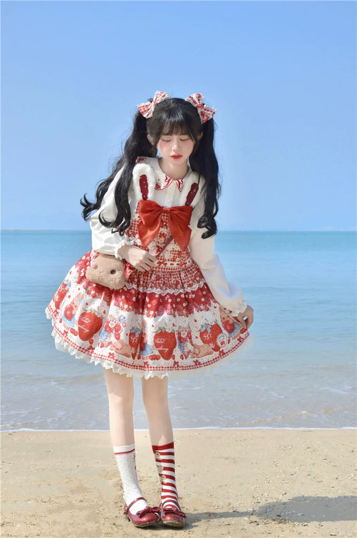 To Alice~Spring Strawberry Bunny~Kawaii Lolita Salopette Dress Hooded Coat and Blouse