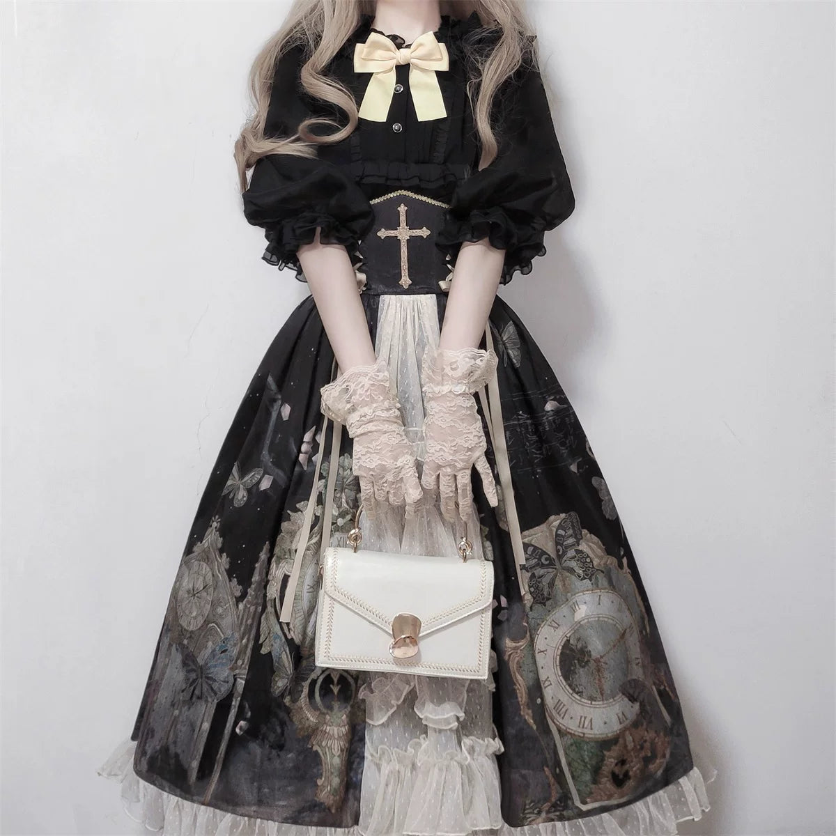 Clock Butterfly - Gothic Lolita Printed Blouse and Corset Skirt Set