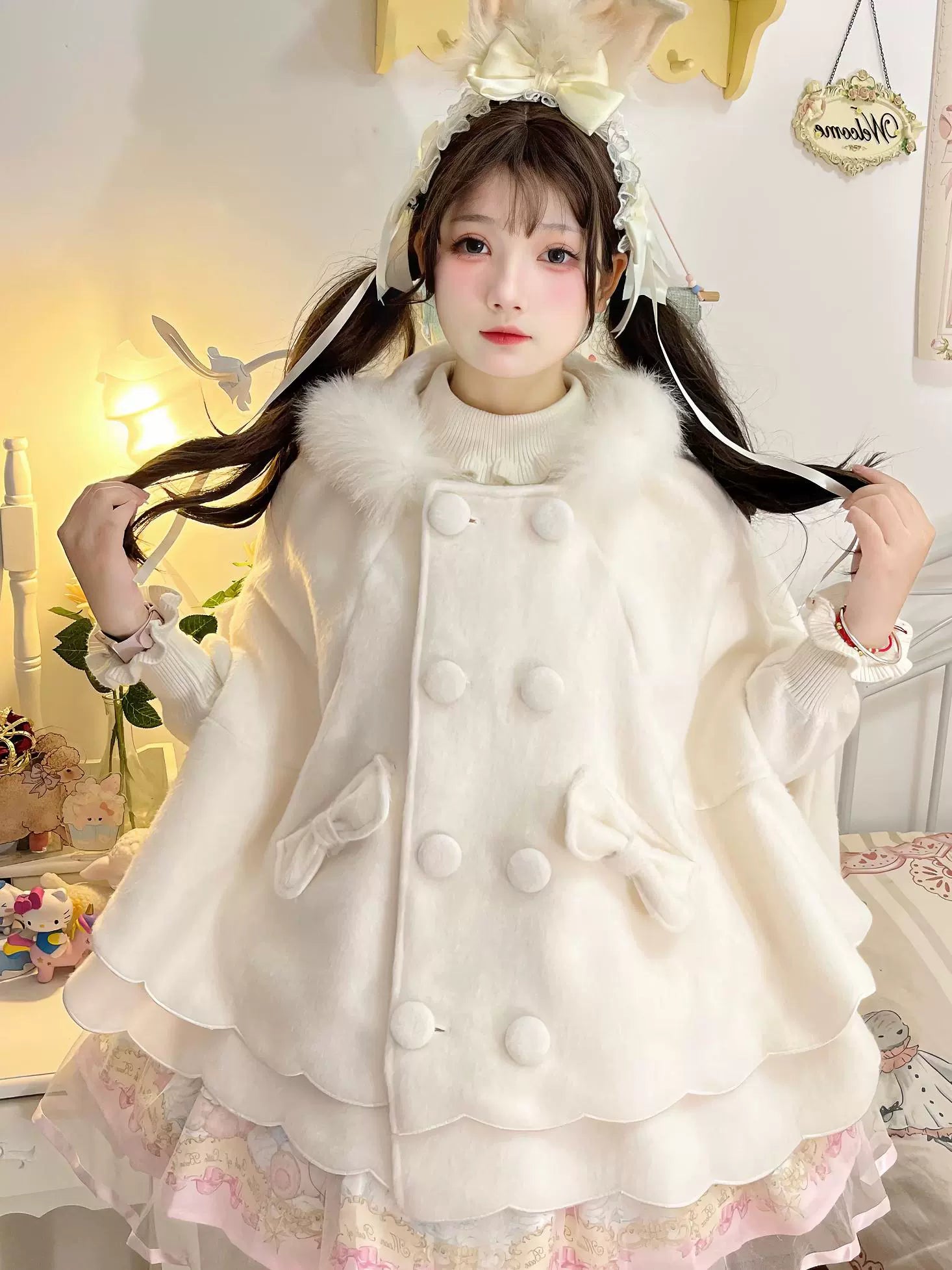 Yayizi - Sweet Lolita Cape Winter Plush Lolita Coat White S Thin Styles
