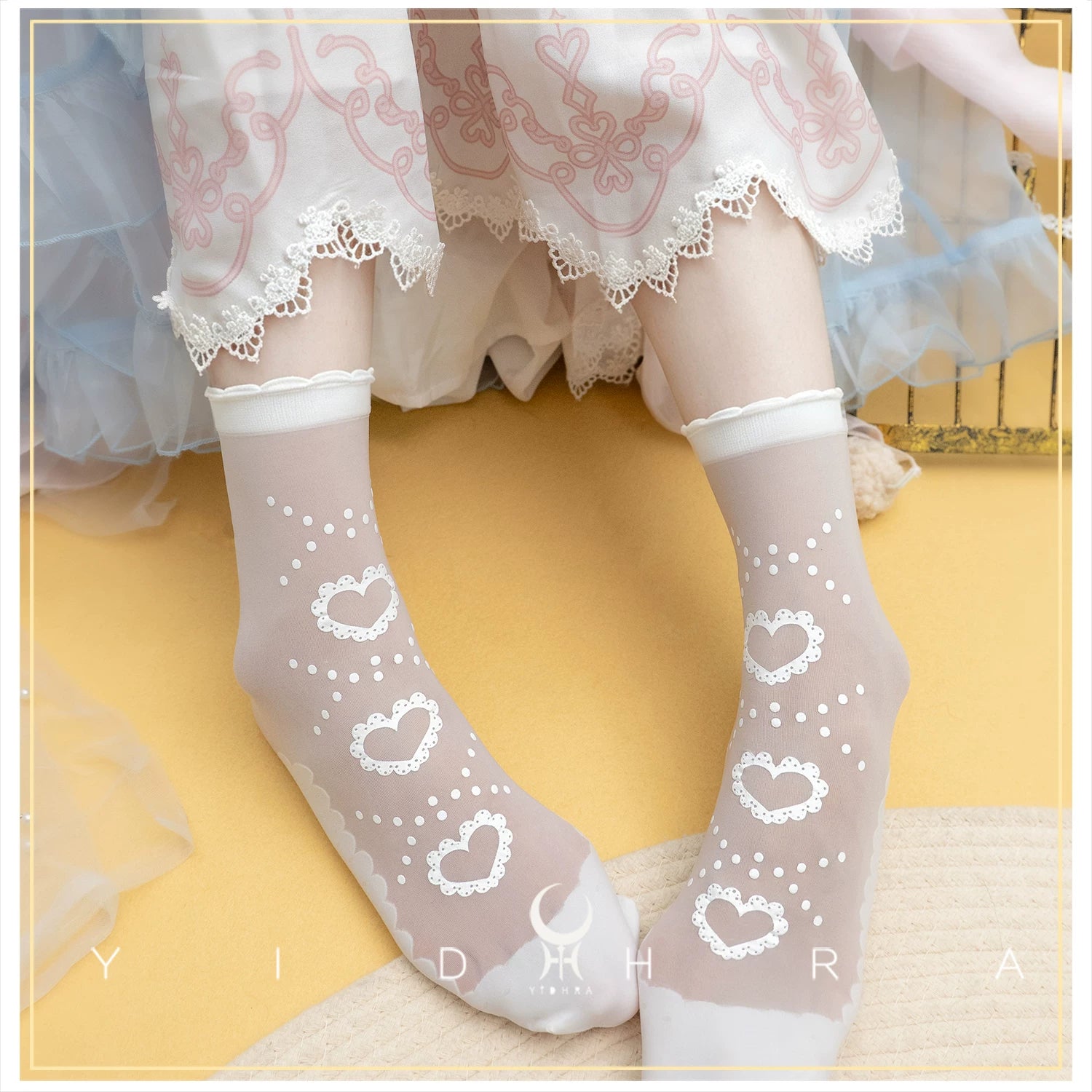Sweet Lolita Heart Printed Ankle Socks, Detachable Lace Cuffs 45817:863103