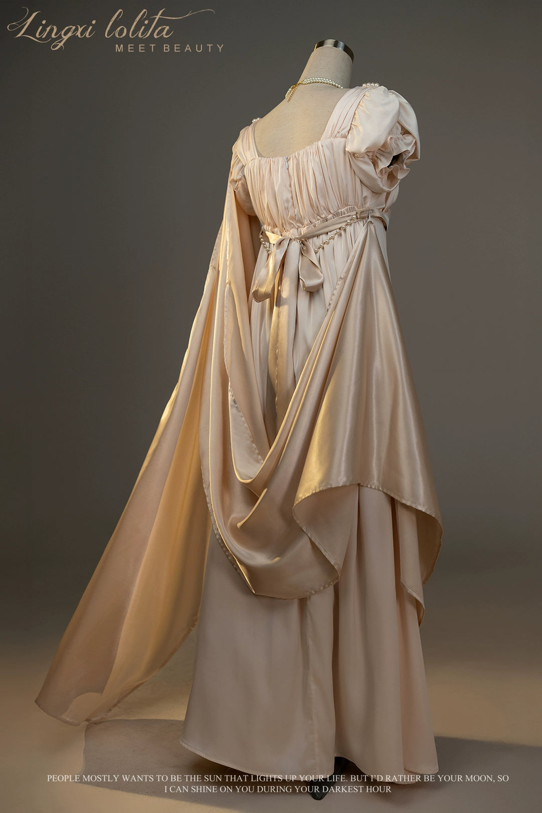Lingxi Lolita~Ophelia~Vintage Lolita OP Dress Empire Waist Satin Dress One size fits all Champagne/apricot white shawl (detachable) 
