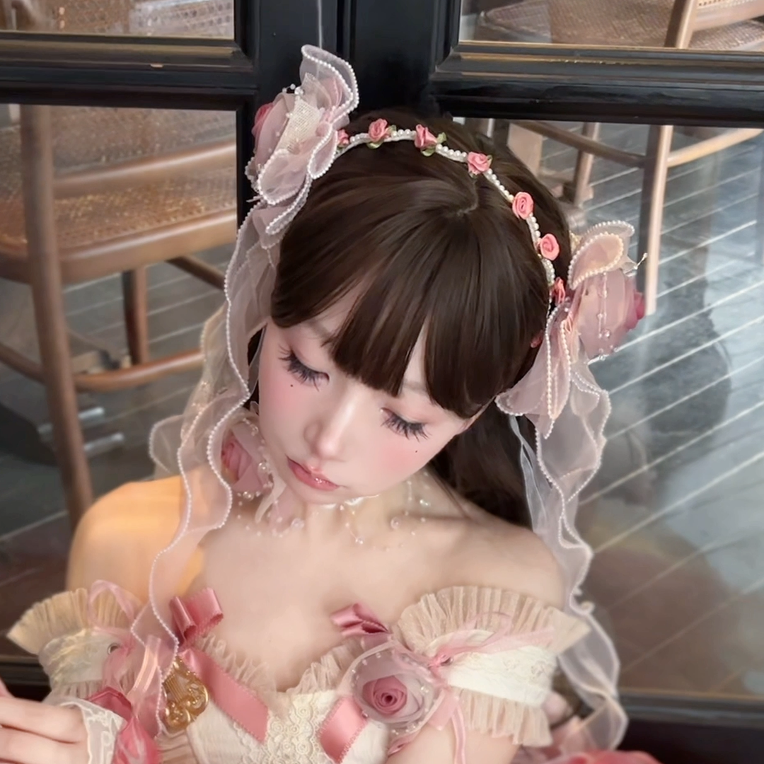 Night Dream~Roselle Garden~Sweet Lolita JSK Dress Full Set Accessories Pink S Dual-use KC Edge Clip