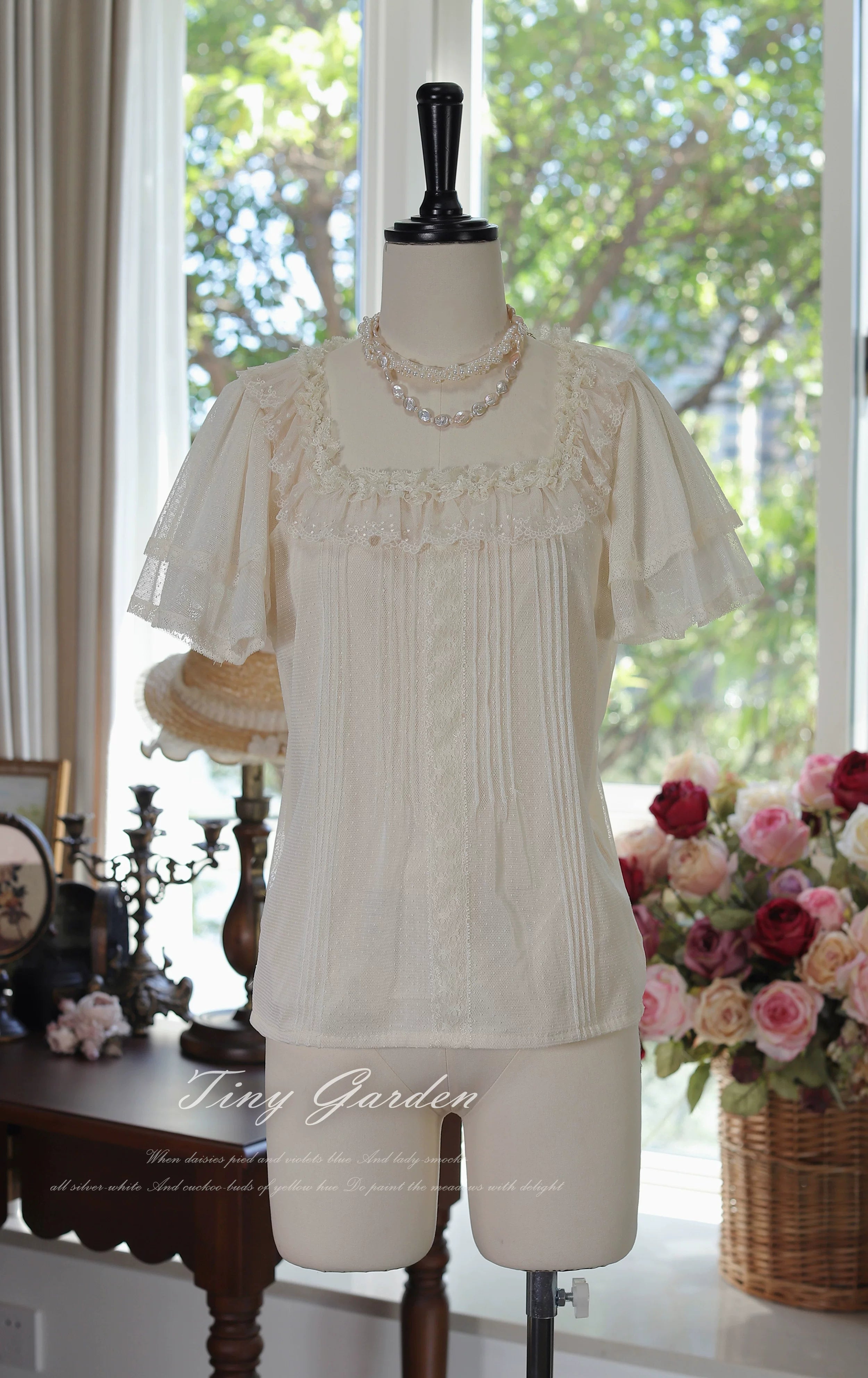 Classic Lolita Square Neck Polka-dot Tulle Blouse Ivory (lined) S Pre-order