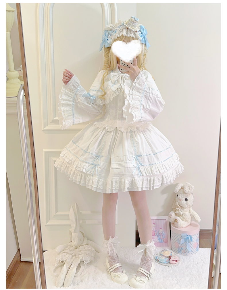 AerialCat~Praying Snowfall~Old School Lolita Skirt Suit Cape Princess Sleeve Shirt White + Blue Ribbon Shirt + Princess Sleeves - XS  