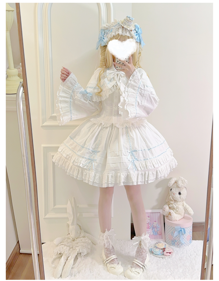 AerialCat~Praying Snowfall~Old School Lolita Skirt Suit Cape Princess Sleeve Shirt White + Blue Ribbon Shirt + Princess Sleeves - XS  