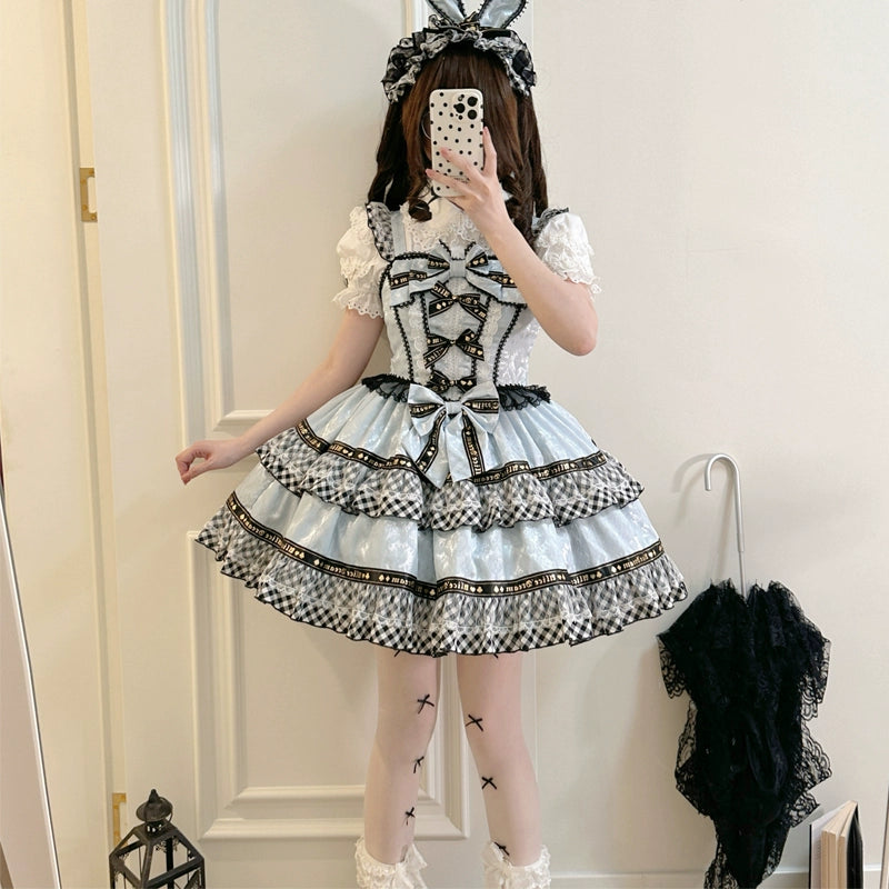 Hanguliang~Rabbit Spades~Kawaii Lolita JSK Flounce Hem Bi-color Dress   