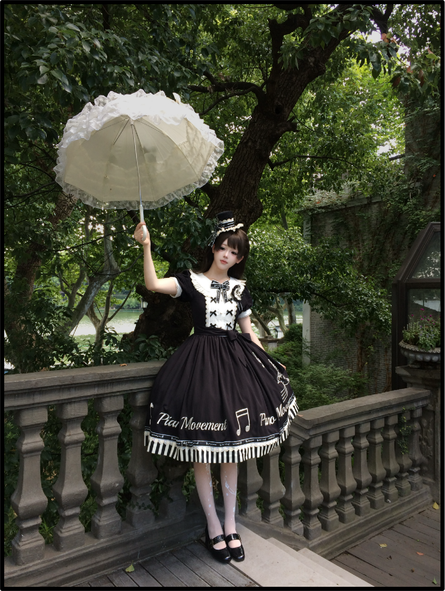 Birdsong Melody - Piano-themed Old School Lolita OP Dress, Side Pockets 45818:863223