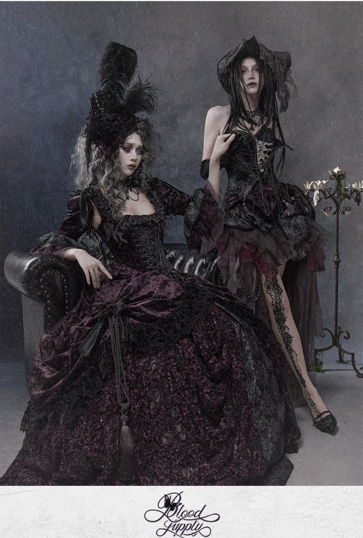 Undead's Gift - Halloween Gothic Lolita Draped Panel Skirt Set, 3D floral lace