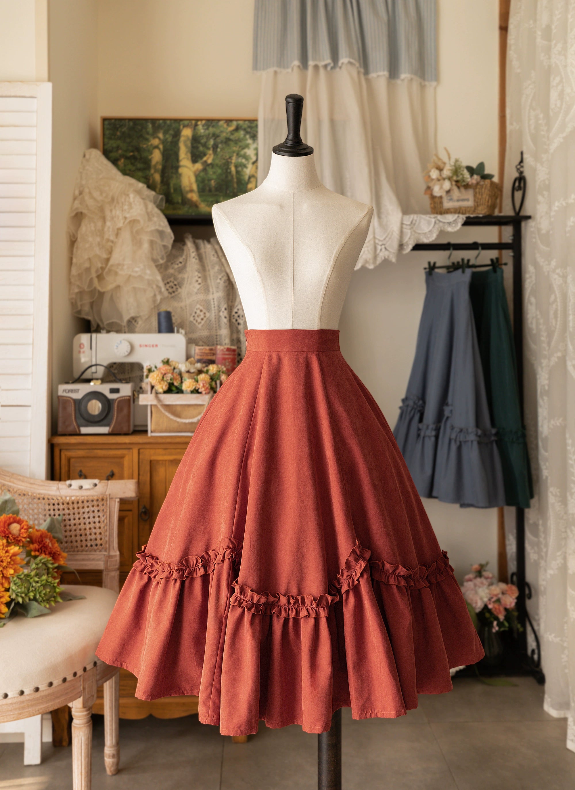 Forest Wardrobe - Forest Basket - Elegant Lolita Skirt Retro Classic Petal Swing Skirt S Orange red In stock