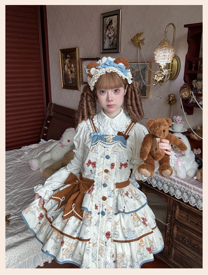 Cheese Mee Mee~Seaside Tea Party~Sweet Lolita Dress Cute Print JSK and Cape Headband Only S