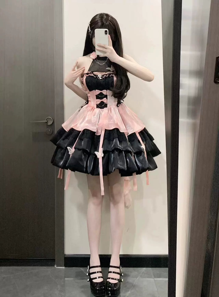 Platycodon House~Love Goddess~Elegant Lolita Dress Halter Puff Princess JSK Dress XS black and pink dress - halter style (without trailing veil) 