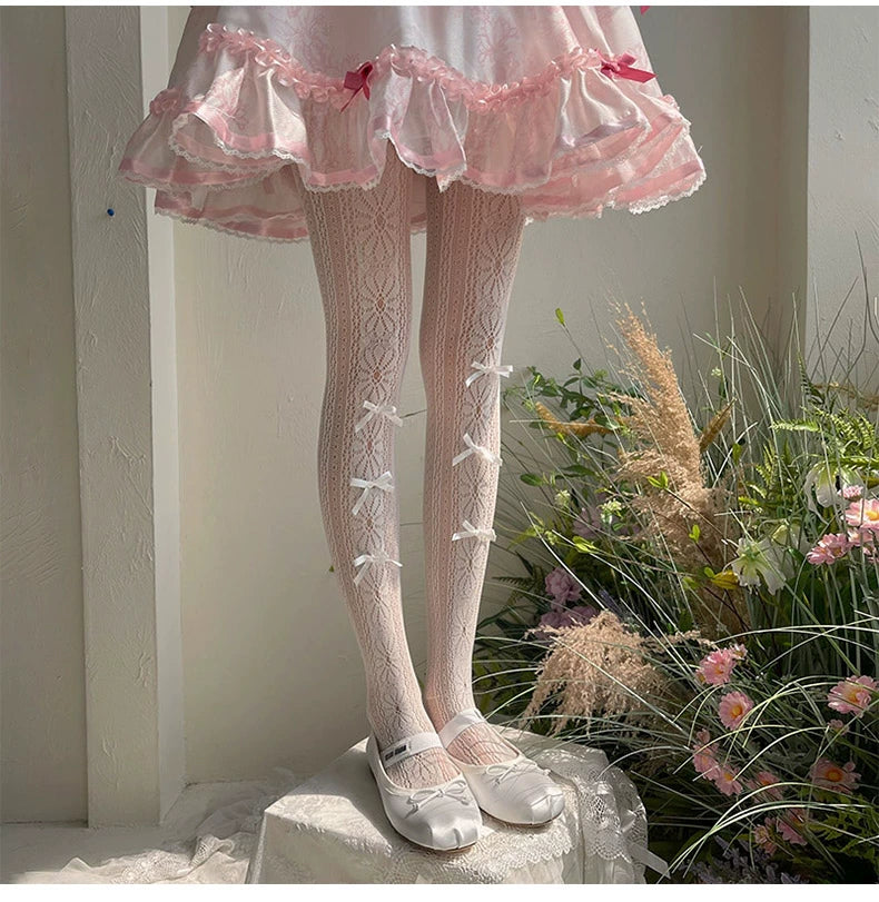 WAGUIR~Sweet Lolita Daily Bow Lace Pantyhose white  