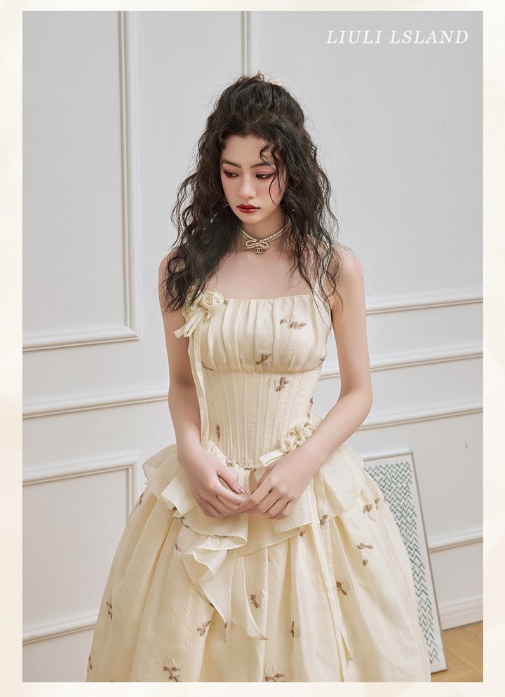 LIULI LSLAND~Elegant Lolita High Waist Beige Fishbone Dress   