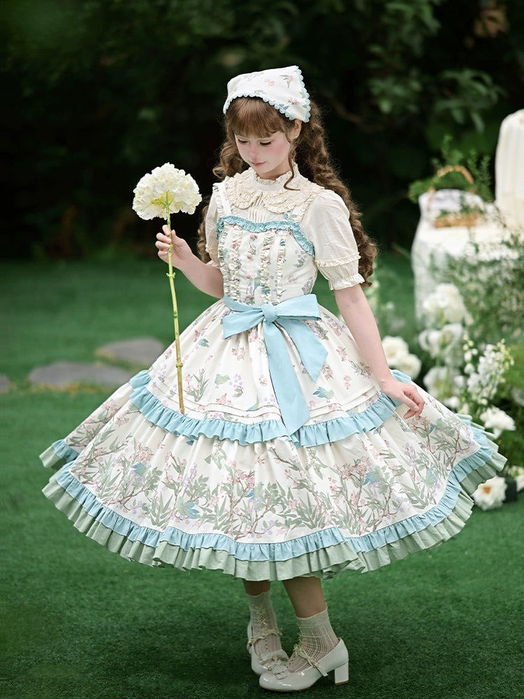 With PUJI - Oriole Time - Country Lolita JSK and OP Dress, Floral and Bird Print 44048:794548