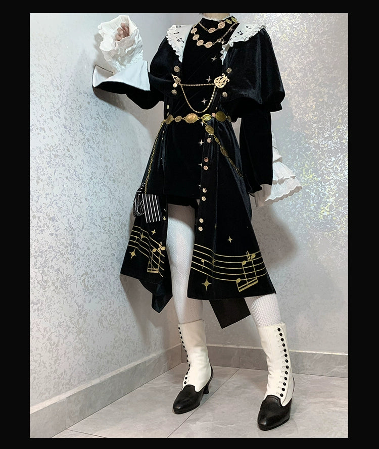Forest Fluorescent Carps - Black and White Sonata - Ouji Lolita Vest Suit and Vintage Lolita OP Dress 42067:724821