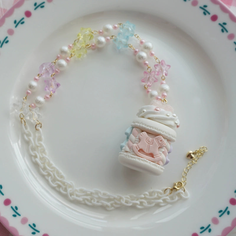 Cat Tea Party - Sweet Lolita Necklace Carousel Cream Macaron Bag Pendant White Necklace
