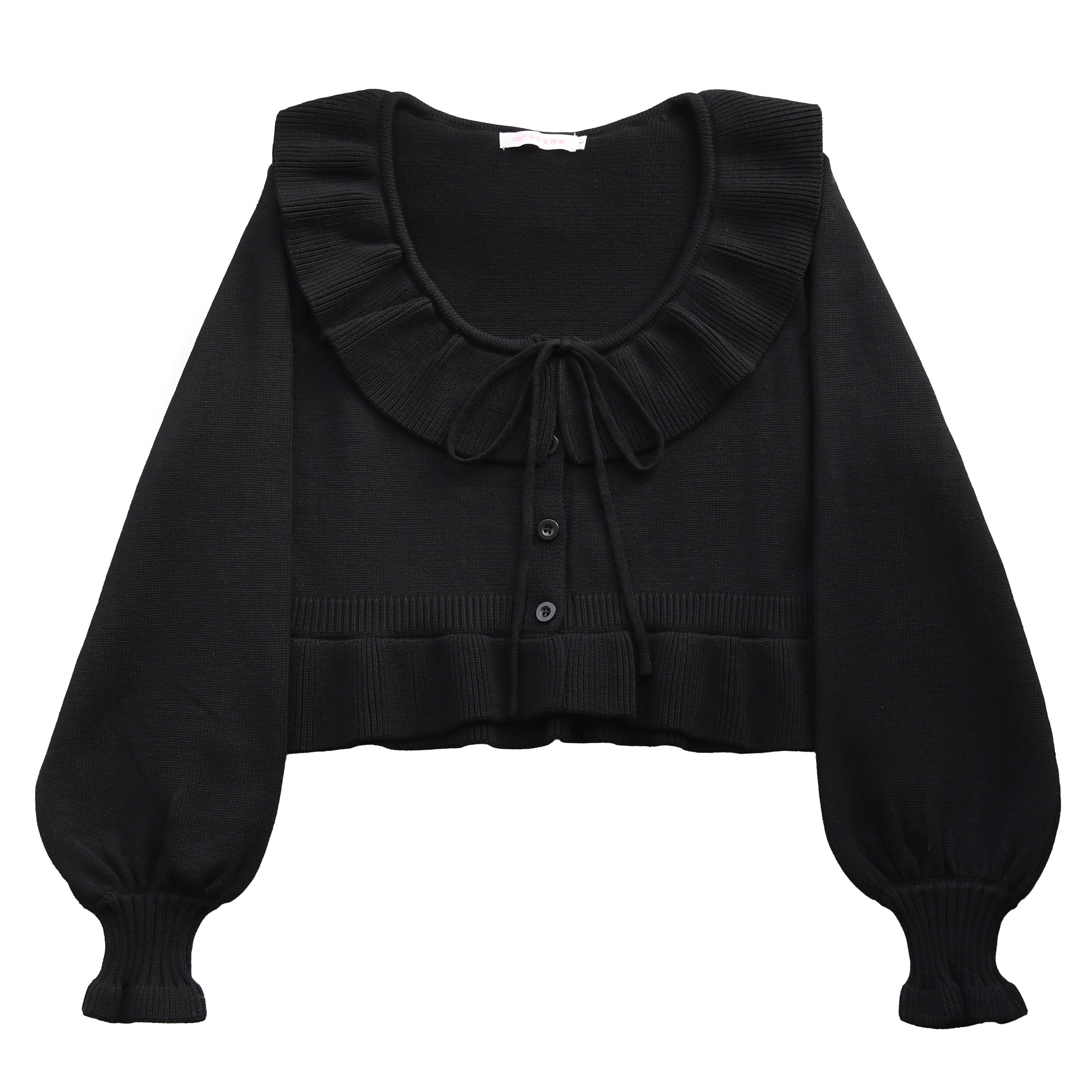 MIST - Lustre White - Kawaii Lolita Sweater Cardigan, Lantern Sleeves (Black / L M S) 44187:797919