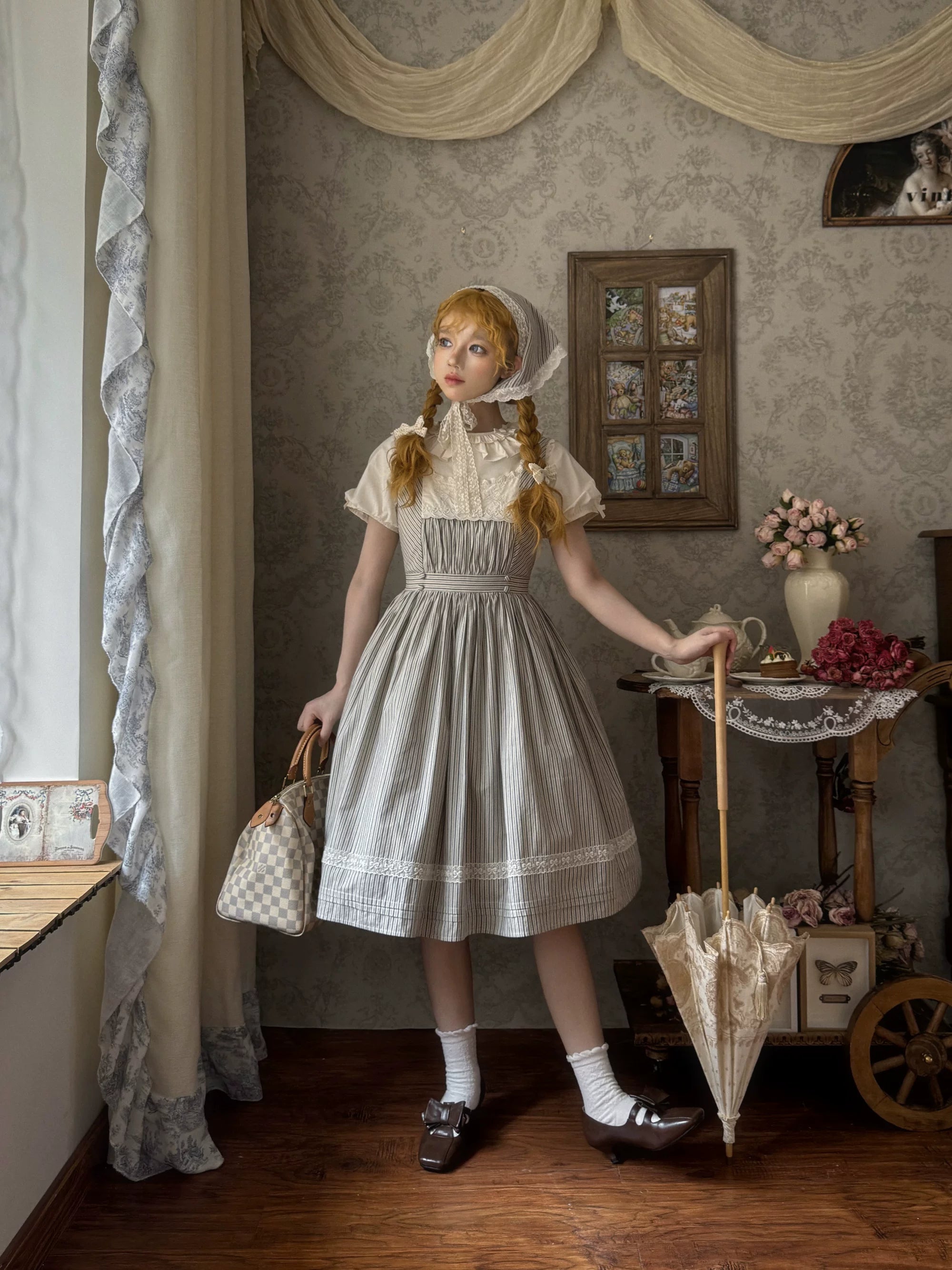 Stripe Minuet - Classic Lolita Striped JSK Dress, Embroidered Neckline 45317:844811