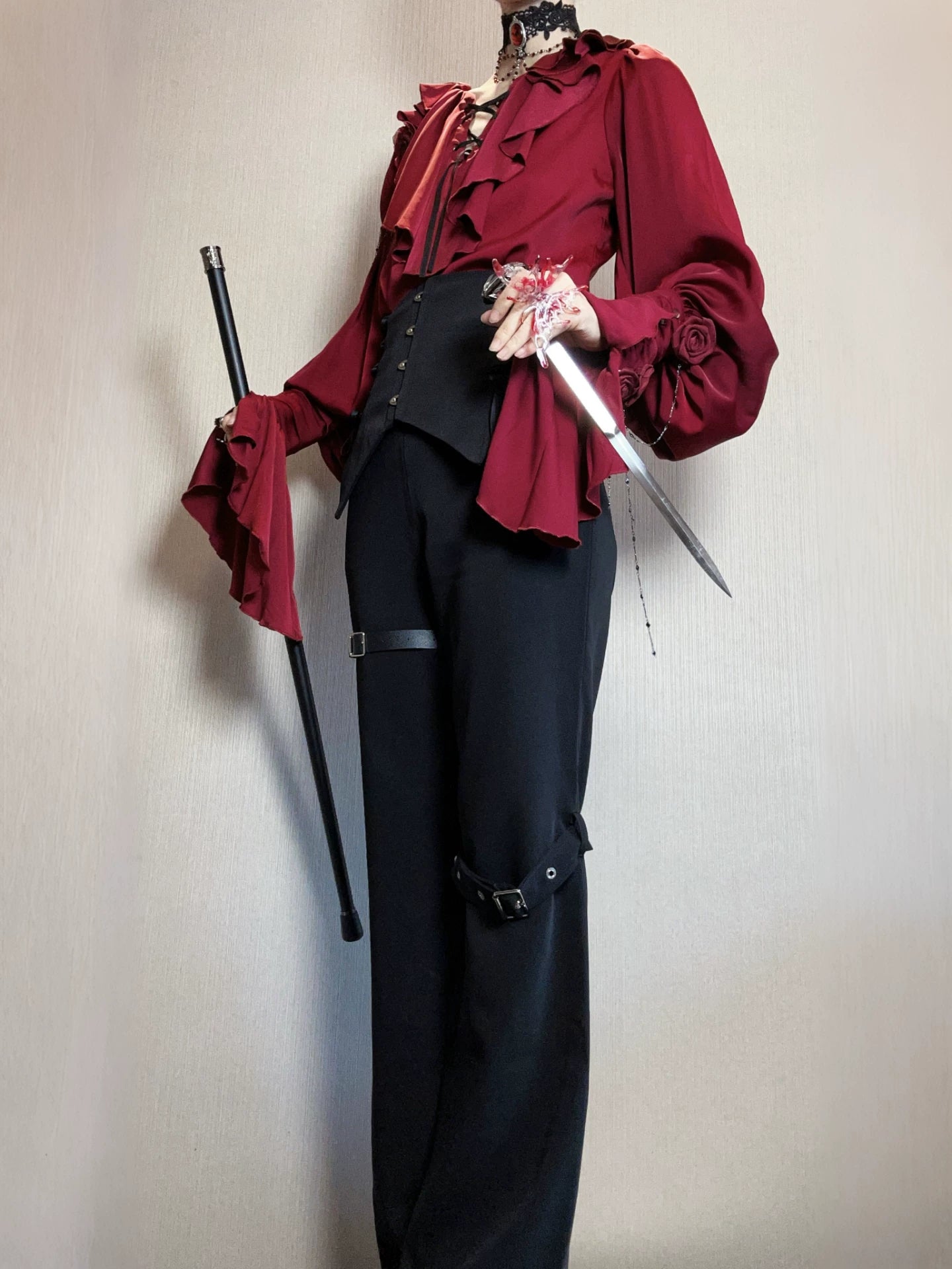 Ouji Lolita V-Line Backless Blouse & Slight Flare Pants 45671:858327